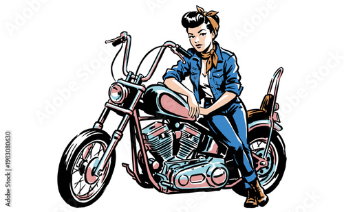 Road rebel spirit. Motorcycle girl graphic print for t-shirt, poster, sticker, background. Classic chopper cycle adventure. Retro biker club design.
