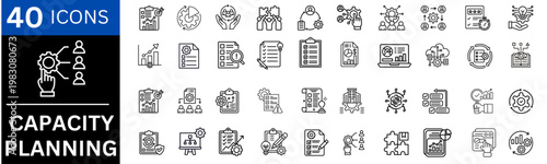 Capacity planning icons set representing resource planning, workload balance, performance optimization, system efficiency and operational control . Editable line icons. Vector illustration.