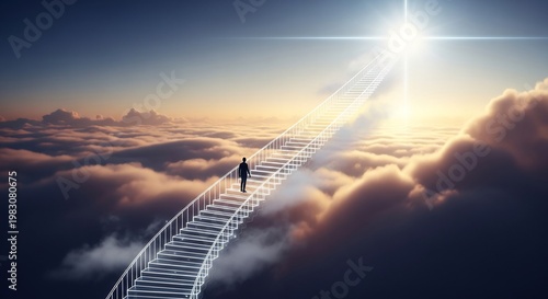 person climbing staircase to heaven above clouds at sunset