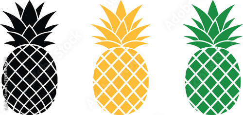 Colorful pineapple clipart set, black, yellow, and green tropical fruit graphics
