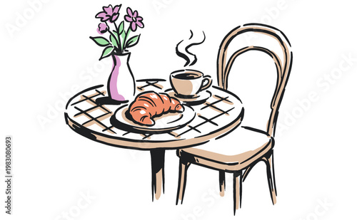 Morning cafe vibes artwork. Delicious pastry and coffee club design. Cozy bistro breakfast illustration for t-shirt print, poster, and sticker.