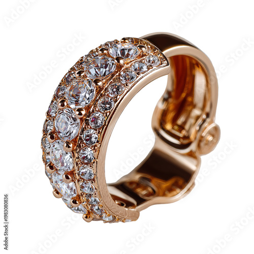 Ornate gold ring with sparkling, multi-sized gemstones, isolated against black