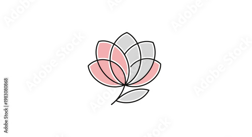 Minimalist lotus flower icon with pink and grey petals on a white background