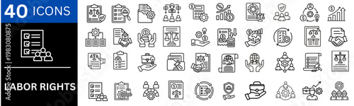 Labor rights icons set. representing rights advocacy, poverty reduction, accessibility standard, childcare subsidy, disaster relief, minimum wage, pension scheme, vector illustration