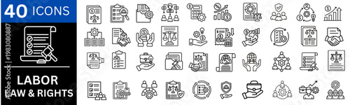 Labor law and rights icons set. representing rights advocacy, poverty reduction, accessibility standard, childcare subsidy, disaster relief, minimum wage, pension scheme, labor rights. vector set