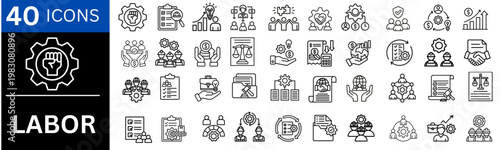 Labor vector icons set.  representing workforce, jobs, contracts, workers rights, Engineer, Gear and Gears mechanical machine icons. vector illustration