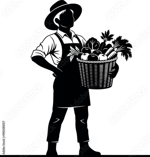 Farmer Holding Basket Full Of Fresh Organic Vegetables And Produce