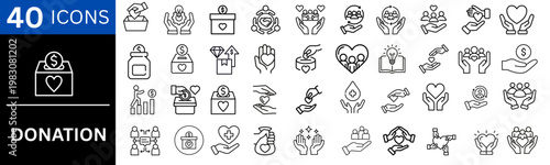 Donation icons set.  representing charity, giving support, volunteer help, community aid, volunteer, fundraising, support and humanitarian aid icons. vector illustration
