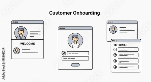 A customer onboarding process illustrated through three mobile screens showing welcome, profile, and tutorial steps.
