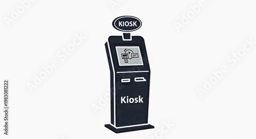 An illustration of a modern self-service kiosk standing alone indoors.