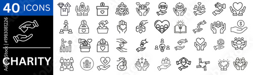 Charity icon set. representing, giving support, volunteer help, community aid, volunteer, fundraising, support and humanitarian aid icons. vector illustration