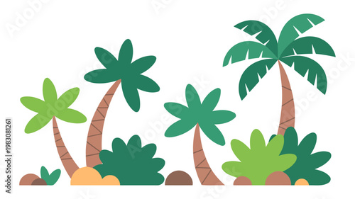Simple Tropical Landscape with Palm Trees, Green Bushes, and Colorful Rocks for Design