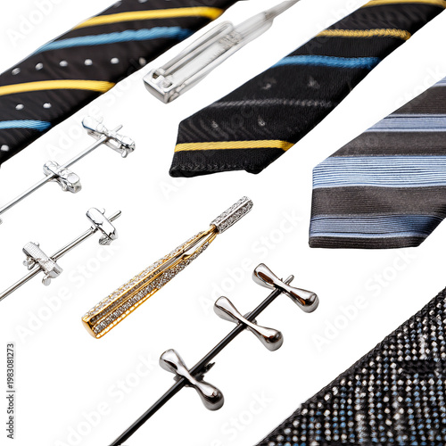 Patterned ties with silver and gold tie bars on a black background