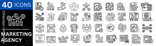 Marketing agency icon set representing digital marketing, branding, advertising campaigns, social media management. vector illustration