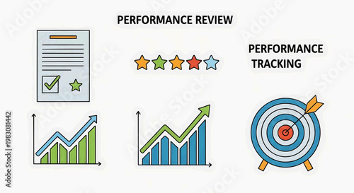 Business performance review and tracking icons with graphs and targets