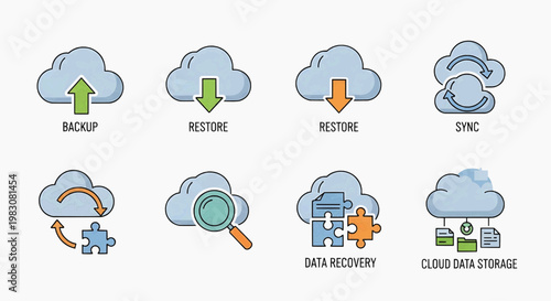 Cloud storage icons illustrate backup, restore, sync, data recovery processes online.