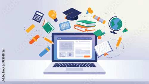 Elearning and education icons floating around a laptop on a desk in a modern learning environment
