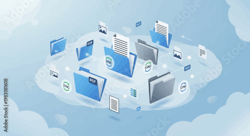 Cloud computing concept with digital data storage and file sharing icons.
