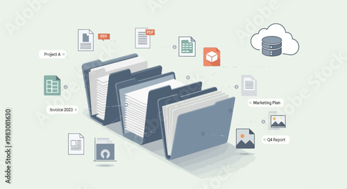 Digital file management and cloud storage concept with multiple folders and document icons.