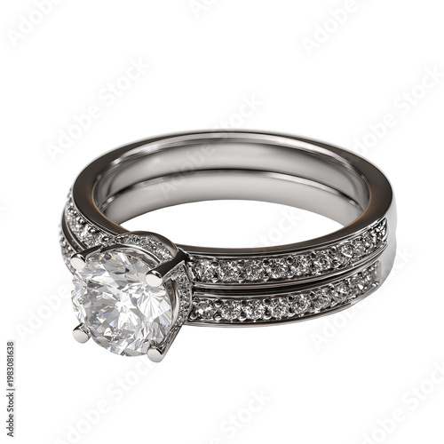 Sparkling diamond engagement and wedding ring set, isolated on a black background