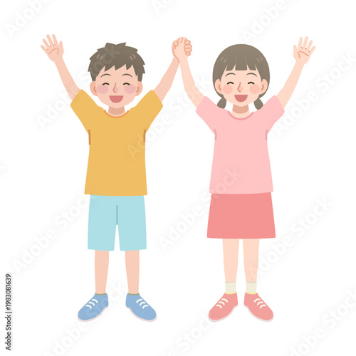 手を繋ぐ男の子と女の子のイラスト