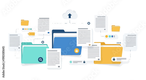 Digital file sharing and cloud storage concept with folders and documents.