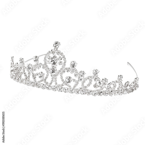 Sparkling silver tiara, adorned with many clear, glittering gemstones