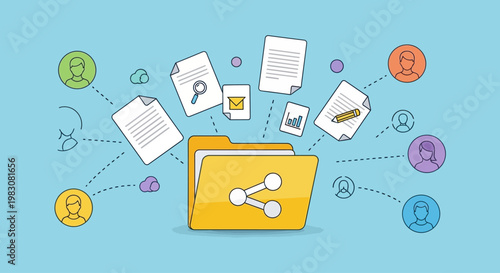 Conceptual illustration of digital file sharing and online communication.