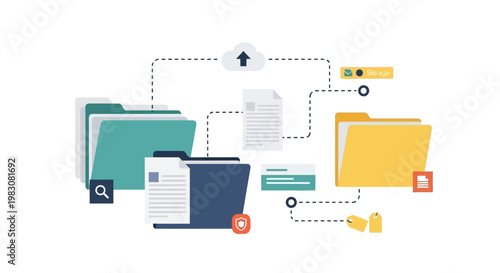 Conceptual illustration of digital file sharing and data synchronization between folders.