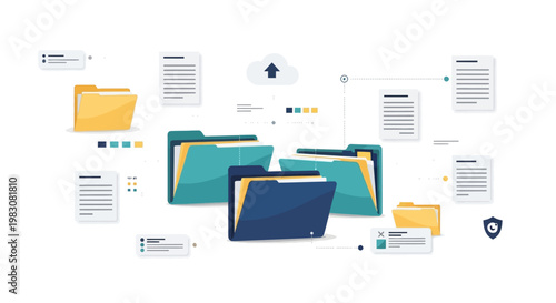 Concept of digital file sharing and cloud storage with folders and documents.