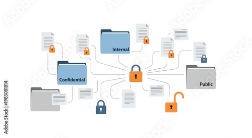 Conceptual illustration of data security and document confidentiality with interconnected files and locks.