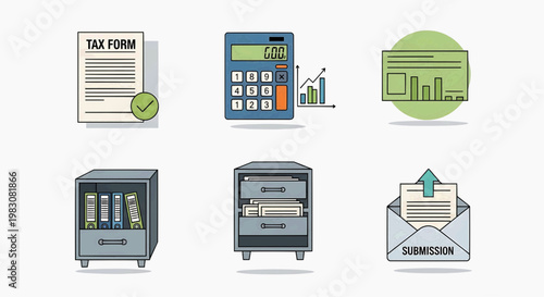 Collection of business and finance icons tax form, calculator with graph, financial reports, filing cabinets, and submission envelope