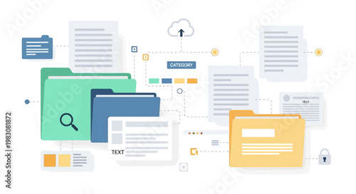 Digital document management and cloud storage concept with folders and files.
