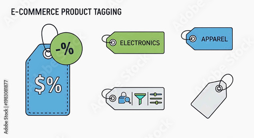 Dynamic vector illustration of diverse e-commerce product tags for online retail platforms, featuring sales, category organization, and advanced product filtering capabilities