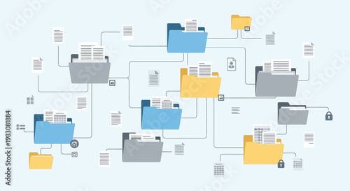 Digital network of interconnected folders representing data sharing and file management.