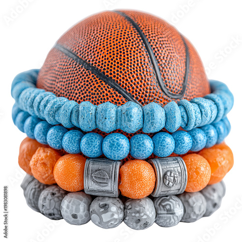 Stacked bead bracelets, basketball rests atop; colorful spheres and textured details