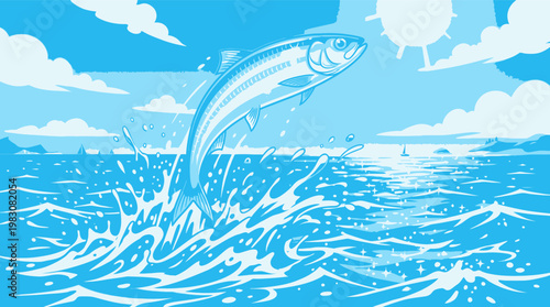 Blue Sardine vector leaping out of the ocean waves under a sunny sky