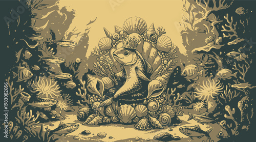 Sardine vector king fish on shell throne underwater illustration