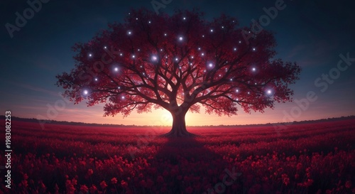 magical tree with glowing stars in a field at sunset