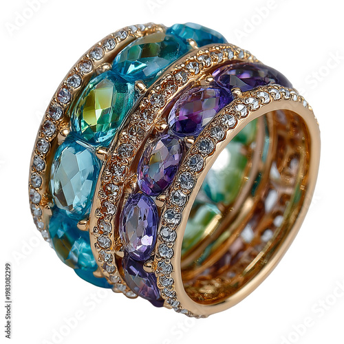 Three ornate gemstone rings, various colors set in gold, surrounded by small diamonds. On black background