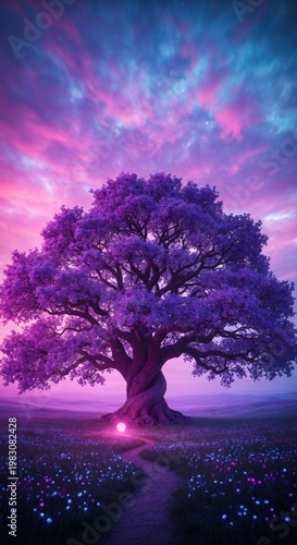 majestic purple tree with glowing pathway at sunset