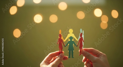 Hands holding colorful paper people in unity and support