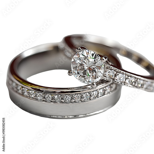 Two close-up, diamond encrusted wedding rings in focus, with a dark background