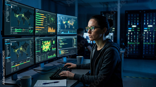 Analyst monitoring multiple security screens in dark room