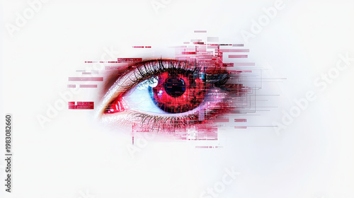 Digital eye with red hues and abstract data patterns, symbolizing technology and vision
