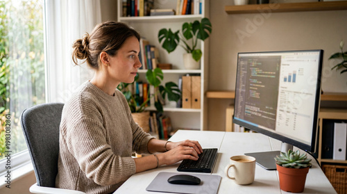 Woman working on laptop at home desk with notes