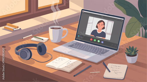 home office workspace with laptop and video call on screen with woman