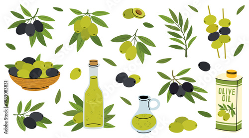 Olive and olive oil collection in flat style. Set of olives, branches, leaves and oil bottles. Perfect for food design, packaging, Mediterranean cuisine and healthy lifestyle themes.