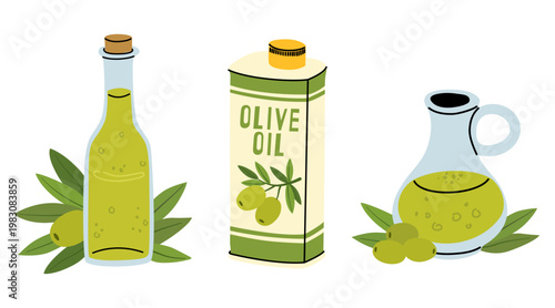 Olive oil bottles set in flat style. Glass containers with fresh olives and leaves. Ideal for food design, packaging, labels and cooking themes