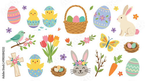 Easter celebration elements bunny chicks eggs basket flowers cross butterfly bird carrot pussy willow nest spring holiday symbols